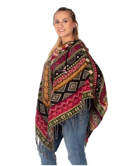 Poncho unisex estilo boho con capucha y flecos | Artesanía étnica