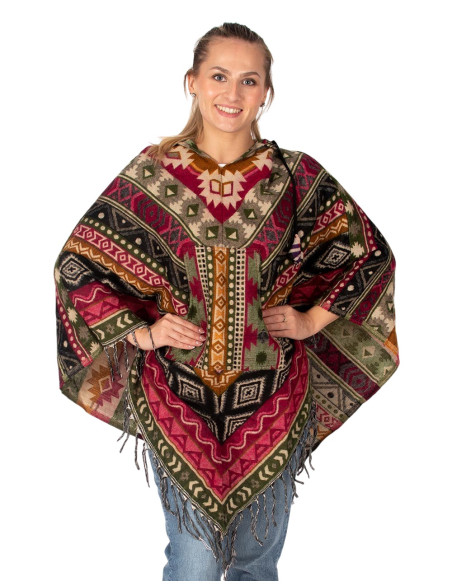 Poncho unisex in stile boho con cappuccio e frange | Artigianato etnico