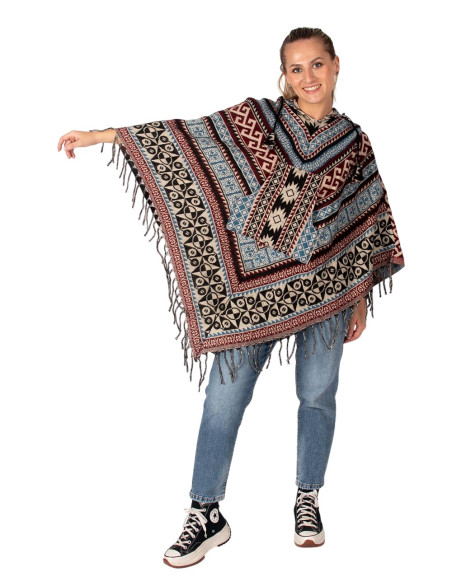 Poncho unisex estilo boho con capucha y flecos | Artesanía étnica