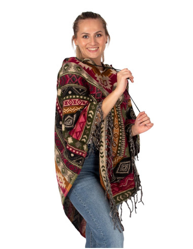 Unisex boho-style poncho with hood and fringe |...