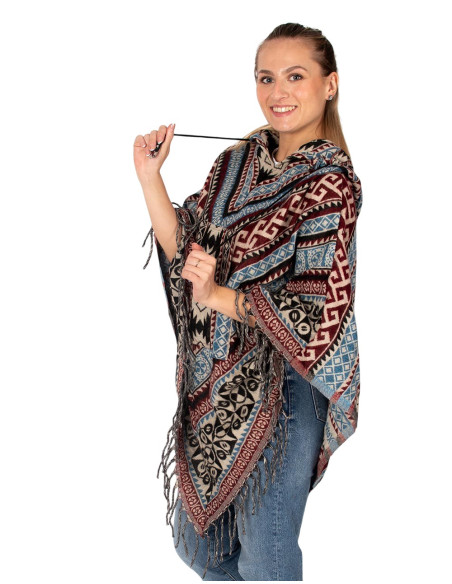 Unisex-Poncho im Boho-Stil mit Kapuze und Fransen | Ethno-Handwerkskunst