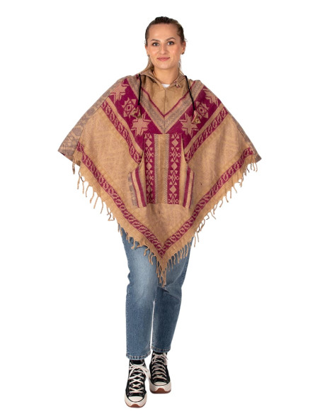 Poncho artesanal de algodão com capuz – moda boho indiana