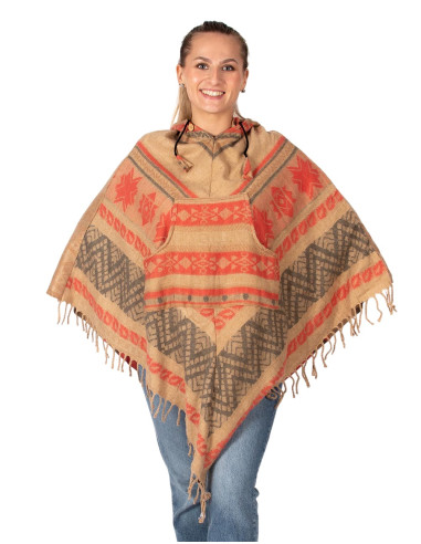 Handgefertigter Poncho aus Baumwolle mit Kapuze...