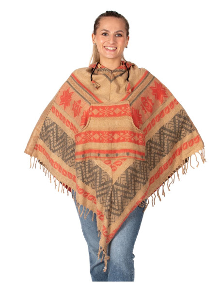 Poncho fatto a mano in cotone e lana con cappuccio – moda boho indiana