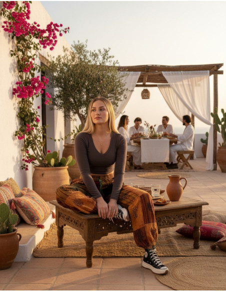 Calças Harem Unissex de Algodão com Retalhos