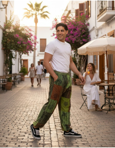 Pantaloni harem unisex patchwork in cotone nei...