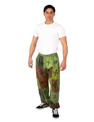 Unisex patchwork harem pants in shades of green...
