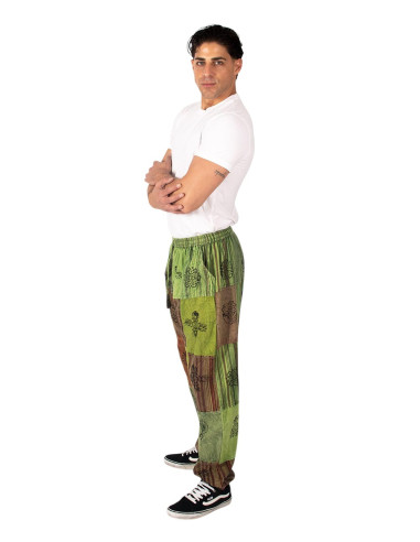 Unisex patchwork harem pants in shades of green...