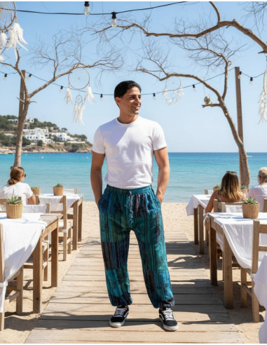 Calças harém unissex em algodão azul claro com...