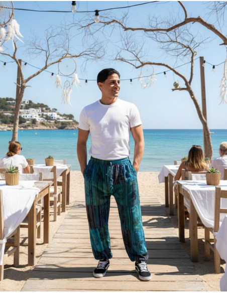 Unisex patchwork light blue cotton harem pants