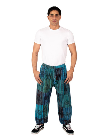 pantalon sarouel unisexe en coton bleu clair patchwork