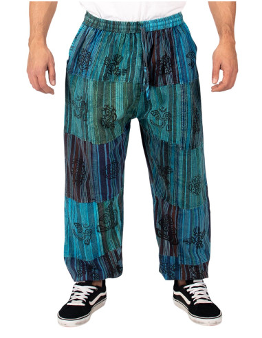 Pantaloni harem unisex in cotone azzurro patchwork