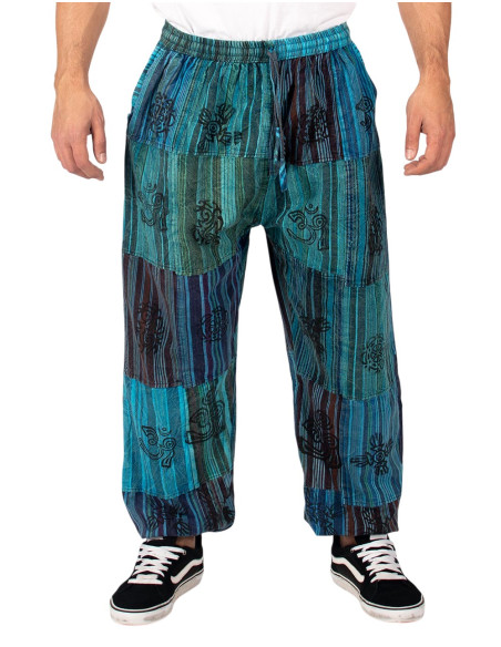 Unisex-Haremshose aus hellblauer Baumwolle mit Patchworkmuster