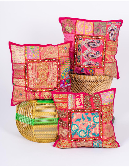 Pink cushion cover, ethnic decoration and Indian craftsmanship