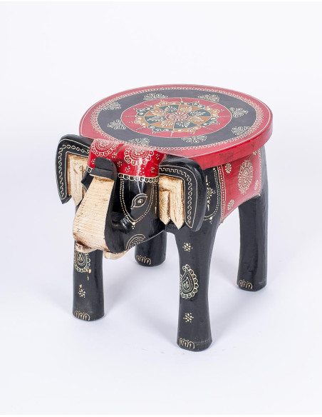 Banco artesanal preto e vermelho com cabeça de elefante