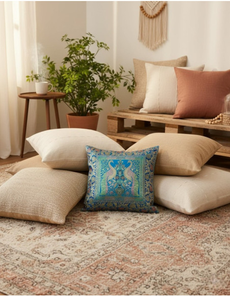 Hellblauer Kissenbezug mit Vogelmotiv – Handgefertigte Boho-Dekoration