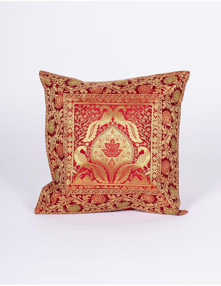 Burgundy cushion cover with decorative birds – Boho ethnic style
