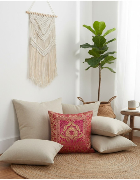 Capa de almofada rosa com pássaros decorativos – Design étnico feito à mão