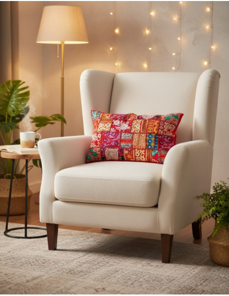 Housse de coussin patchwork rouge 60x40 – Artisanat indien unique