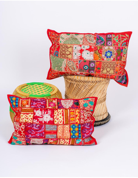Fodera per cuscino patchwork rossa 60x40 – Artigianato indiano unico
