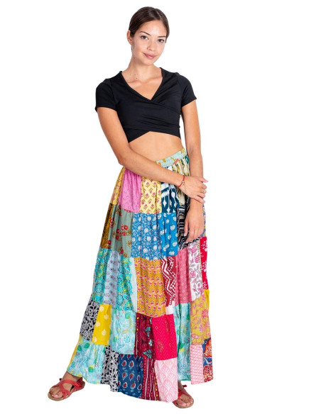 Saia longa indiana de algodão com patchwork – Estilo étnico boho