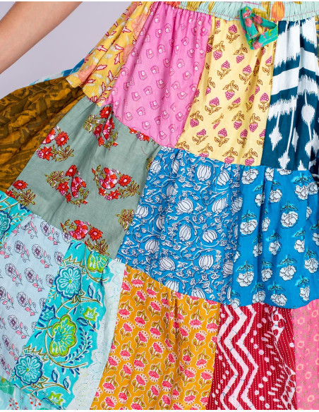 Langer Patchwork-Rock aus indischer Baumwolle – Ethnischer Boho-Stil
