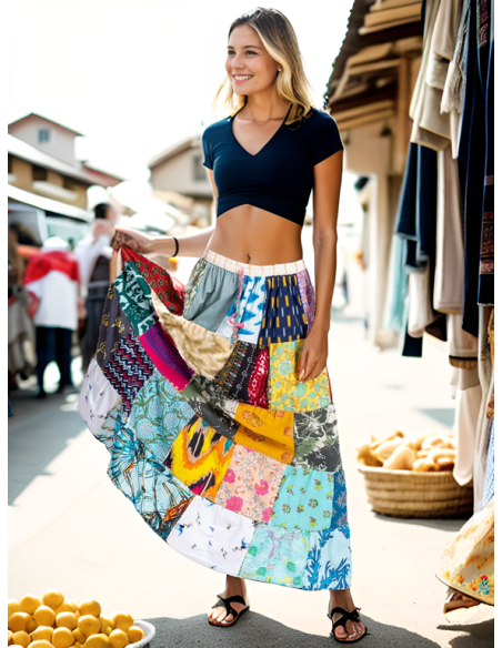 Jupe longue patchwork en coton indien – Style ethnique bohème