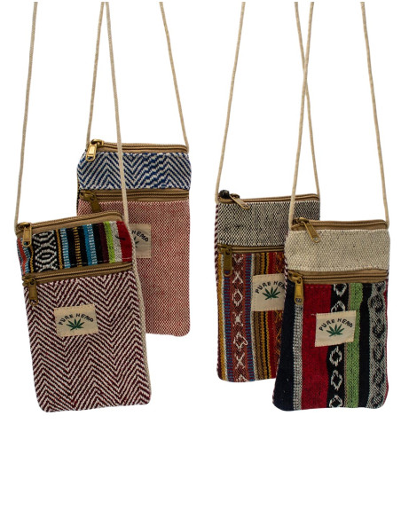 Kleine Hanf-Umhängetasche für Handys – Ethno-Boho-Stil