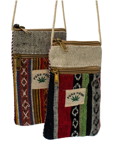 Piccola borsa a tracolla in canapa per cellulare – Stile etnico boho