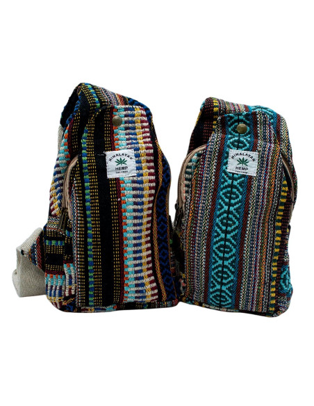 Mochila triangular multicolorida de cânhamo – Unissex, feita à mão, estilo boho