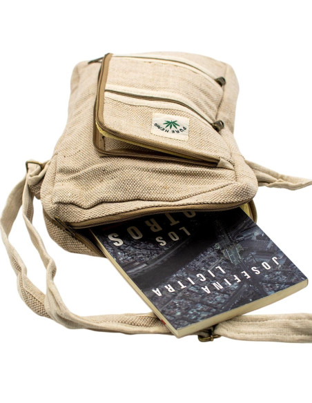 Unisex Hemp Shoulder Bag in Bone Color – Boho Bag with 5 Pockets