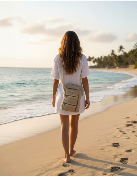 Sac bandoulière unisexe en chanvre couleur os – Sac bohème à 5 poches