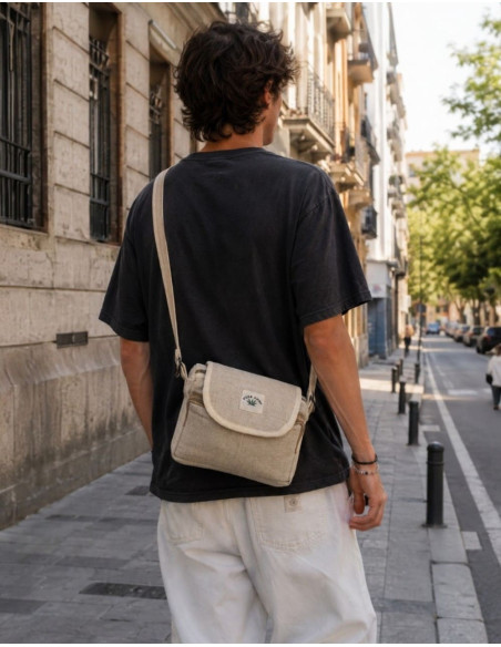 Bolsa transversal de cânhamo cor osso – Bolsa étnica boho com aba