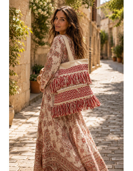 Handgefertigte Boho-Tasche mit Fransen und Bommeln – im ethnischen indischen Stil