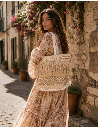 Boho Beige Bag with Fringe...