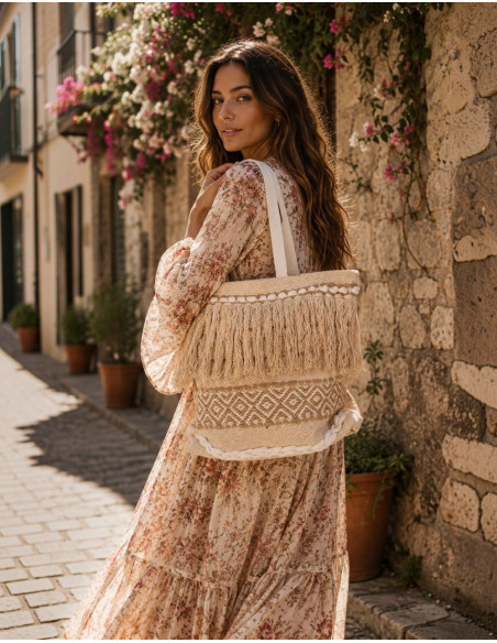 Sac beige bohème à franges et pompons – Artisanat indien Kimago