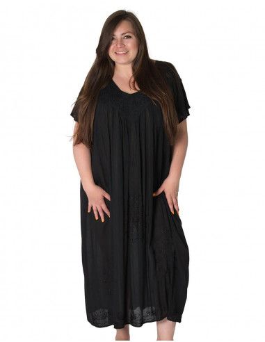 Lange-ökonomische-Kleid-Frau-plus-Größe-gelbe-Stickerei