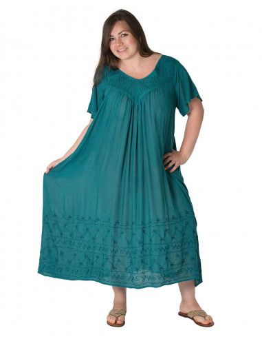 Lange-ökonomische-Kleid-Frau-plus-Größe-gelbe-Stickerei
