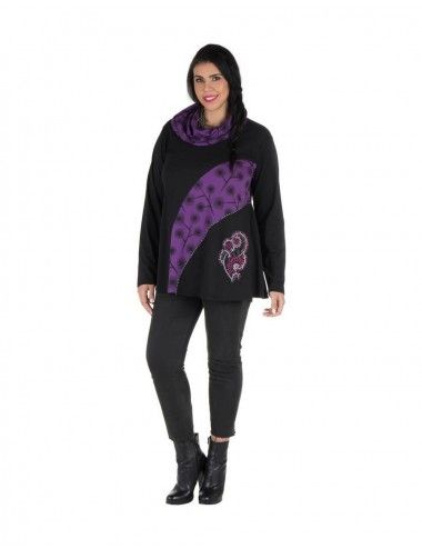 Bluse-Frau-plus-Größe-schwarz-lila-Stickerei
