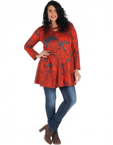 blusa mais tamanho-laranja-cinza-estampa étnica