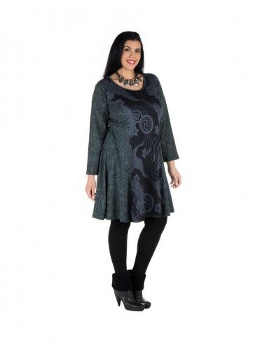 Kleid-plus-Größe-Schwarz-Print-Fenix-Grau