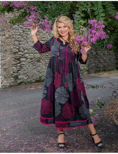 Vestido-estampado-acampanado-midi-Mangas-Cordones-decorativos-tallas-grandes-exterior