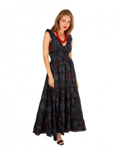 Dress-long-flared-no-sleeves-with-stretches-black