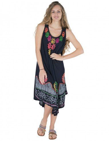 robe-midi-noire-sans manches-brodée de fleurs