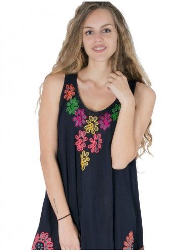 Kleid-Midi-Sommer-Stickerei-Blumen-ärmellos-braun 2