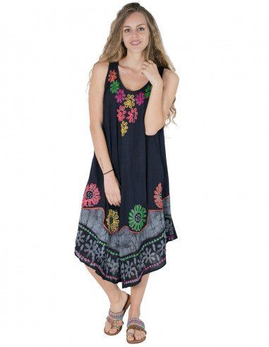 robe-midi-noire-sans manches-brodée de fleurs