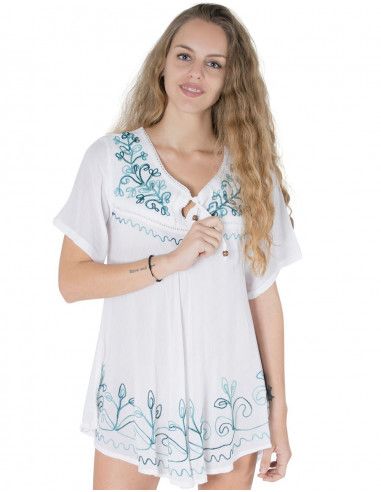 T-shirt-manches-larges-brodé-blanc-bleu