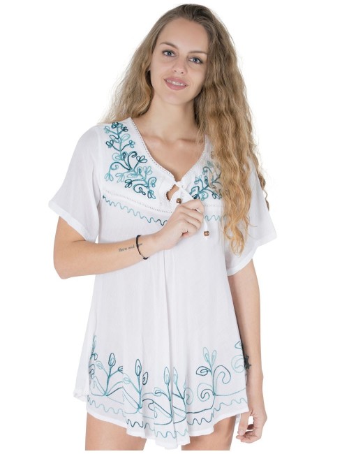 T-shirt-manches-larges-brodé-blanc-bleu