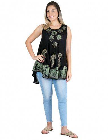 Schwarz-T-Shirt-Frau-ohne Ärmel-Ethnic-Painted-Green