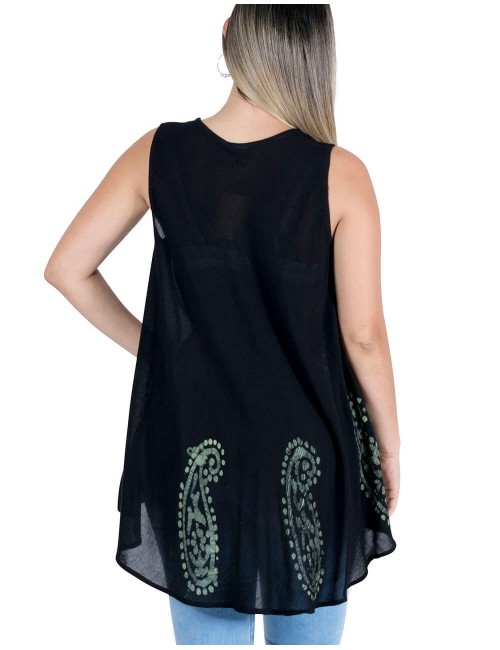 T-shirt-noir-femme-sans manche-ethnique-peint-brodé-au dos